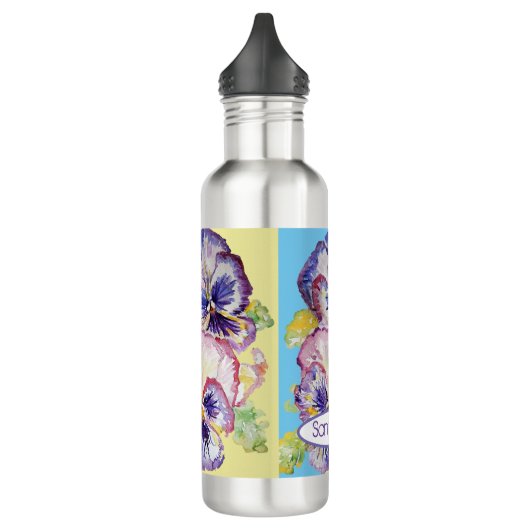 Pansy-Aquarellmuster auf Rosa und Blassgelb 7 Edelstahlflasche (Links)