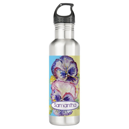 Pansy-Aquarellmuster auf Rosa und Blassgelb 7 Edelstahlflasche (Vorderseite)