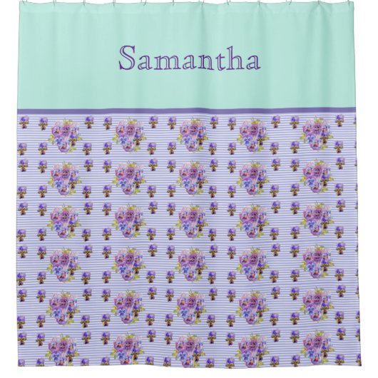 Pansy Blume Aqua Stripe Art Collection Duschvorhang (Vorderseite)