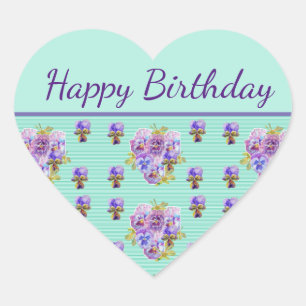 Pansy Blume Aqua Stripe floral Mum Happy Birthday Herz-Aufkleber