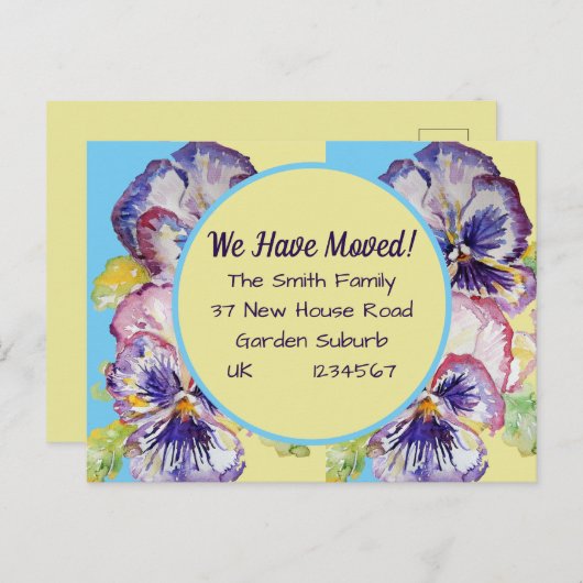 Pansy Blume neue Adresse Postkarte, wir bewegen un Postkarte (Vorne/Hinten)