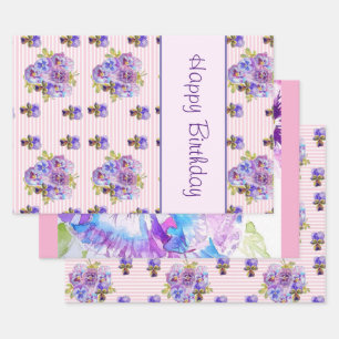 Pansy Blume Pink Stripe floral Happy Geburtstag Geschenkpapier Set