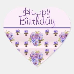 Pansy Blume Pink Stripe floral Happy Geburtstag  Herz-Aufkleber