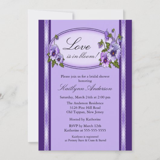 Pansy-Blumenrahmen-Brautparty-Einladung Einladung (Vorderseite)