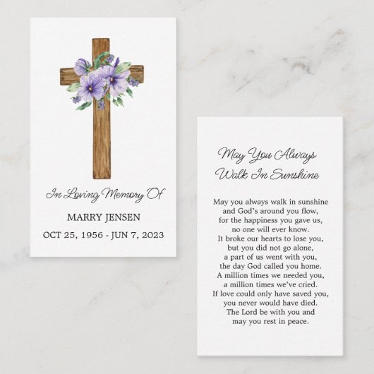 Pansy Cross Memorial Funeral Prayer Card Visitenkarte (Vorne/Hinten)