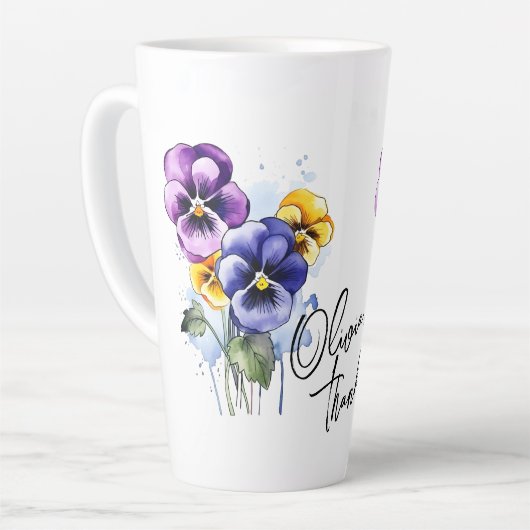 Pansy "Danke!" Editable Slogan & Name Milchtasse (Linke Ecke)