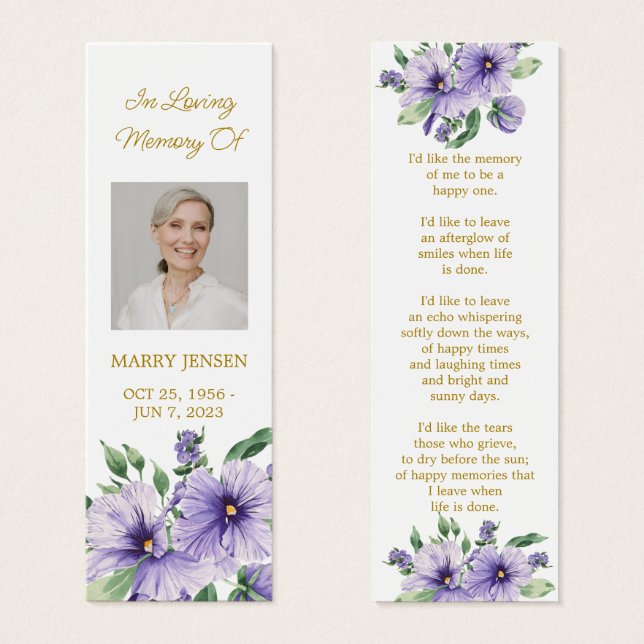 Pansy Floral Photo Funeral Memorial Bookmark (Vorne & Hinten)