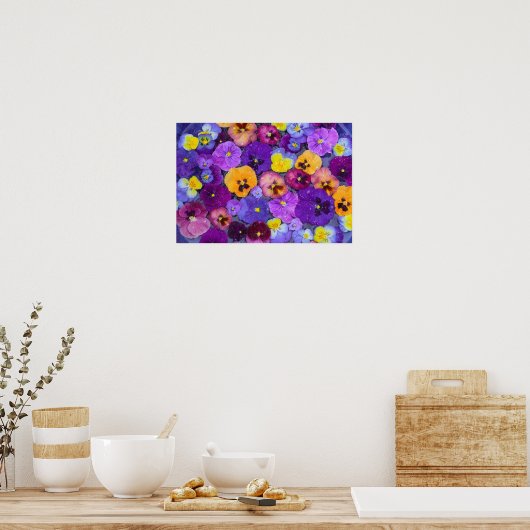 Pansy flowers floating in bird bath with dew poster (Küche)