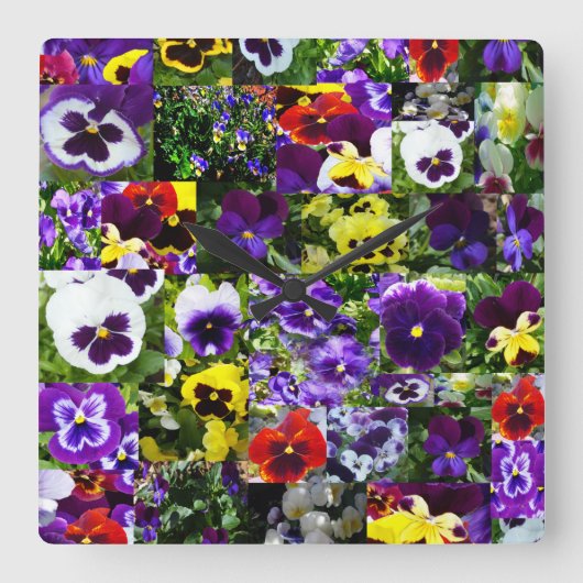 Pansy Foto Collage: Kaleidoskop der blühenden Schö Quadratische Wanduhr (Vorderseite)