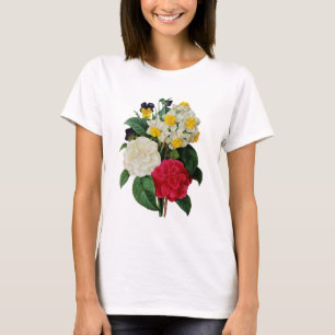 Pansy-, Narzissen-und Kamelien-Blumenstrauß durch T-Shirt