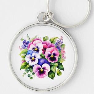 Pansy Perfektion: Wassersicherer Silber-Schlüssela Schlüsselanhänger