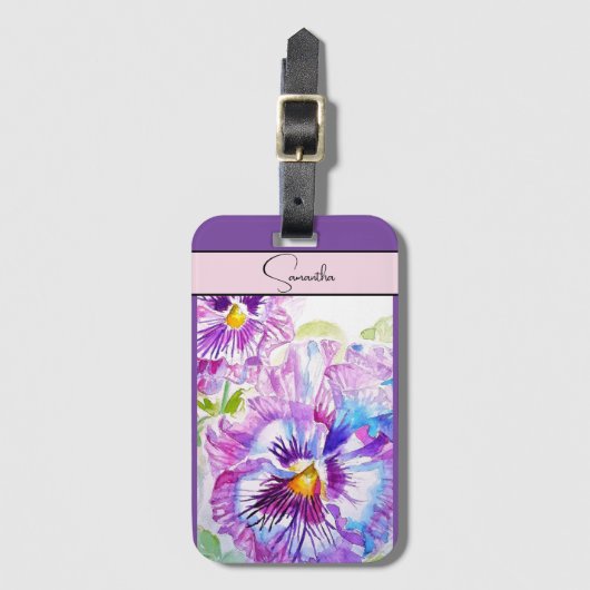 Pansy Stiefmütterchen Blume Wasserfarben Lila Kuns Gepäckanhänger (Vorderseite Vertikal)