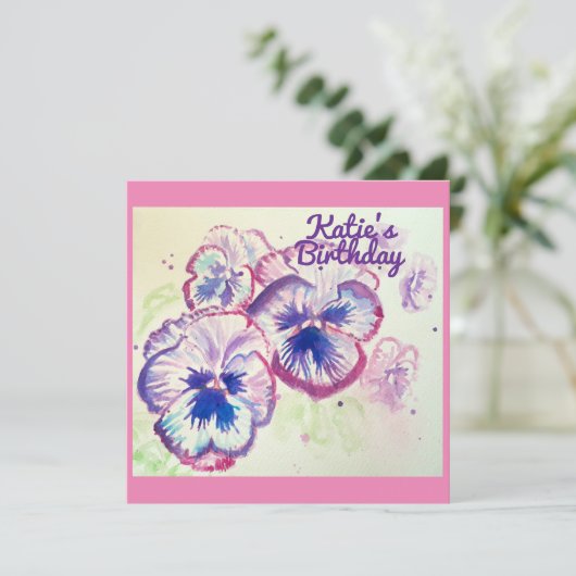 Pansy Stiefmütterchen Lila Blume Blumenrosa Einladung (Stehend Vorderseite)