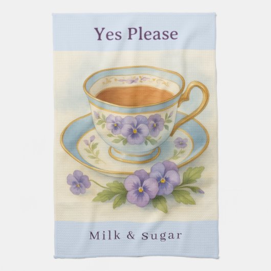 Pansy Teacup Tea Towel | Yes Please Milk & Sugar Geschirrtuch (Vertikal)