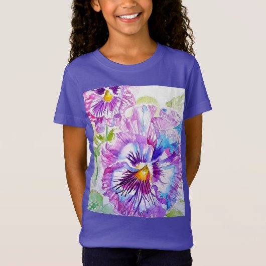 Pansy Watercolor-Muster auf Lila blauen Stiefmütte T-Shirt (Vorderseite)