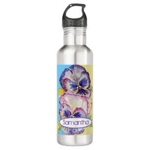 Pansy Watercolor-Muster auf Pink und Pale Yellow 7 Edelstahlflasche