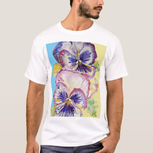 Pansy Watercolor-Muster auf rosa und blassgelb T-Shirt