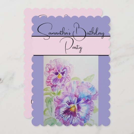 Pansy Watercolor Stiefmütterchen Violett Blumenstr Einladung (Vorne/Hinten)