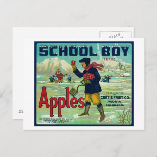 Paonia, Colorado - School Boy Apple Label Postkarte (Vorne/Hinten)