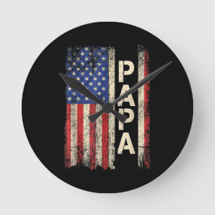 Papa American Flag Vatertag für Männer Runde Wanduhr