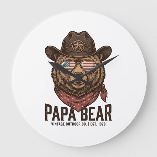 Papa Bär Cowboy Bär Patriotisch Vintage Vektor Des Große Wanduhr (Vorderseite)