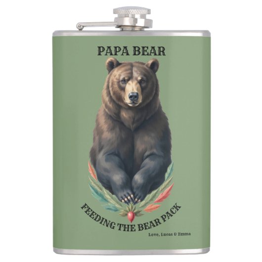 Papa Bär füttert die Sippe - Volkskunst-Flasche Ge Flachmann (Vorderseite)