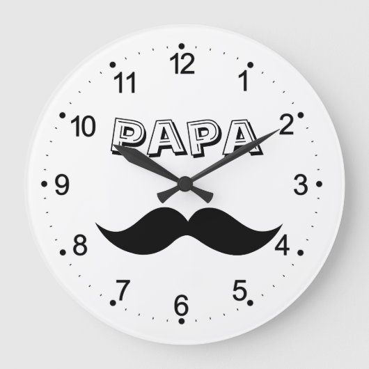Papa Men Mustache Black & White Large Clock Große Wanduhr (Vorderseite)