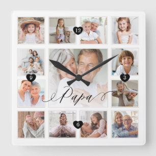 Papa Script Family Memory Photo Grid Collage Quadratische Wanduhr