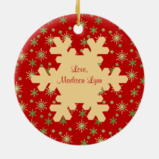 Papaas erstes Weihnachts-Rotes Schneeflocken-Ornam Keramik Ornament (Hinten)