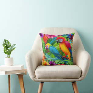 Papagei 3 Vögel Tropisch Florale Palmen blau lila Kissen