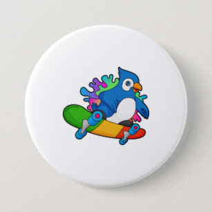 Papagei als Skater mit Skateboard Button