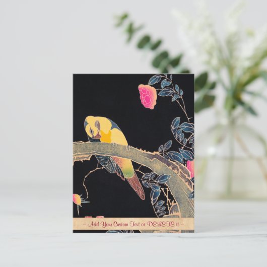Papagei am Rande einer blühenden Rose Bush Postkarte (Stehend Vorderseite)