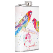 Papagei Art Aquarellmalerei Rot Blau Farbenfroh Flachmann (Rechts)