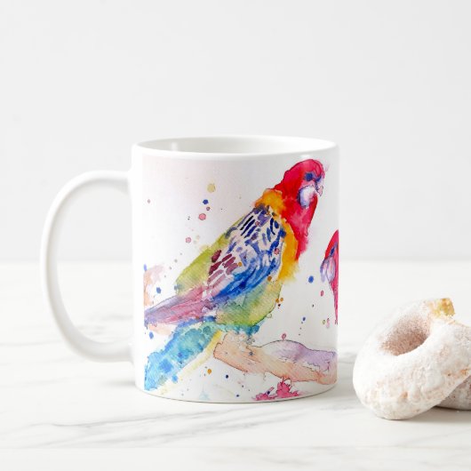 Papagei Art Aquarellmalerei Rot Blau Farbenfroh Kaffeetasse (Mit Donut)