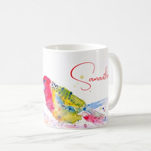 Papagei Art Aquarellmalerei Rot Blau Farbenfroh Kaffeetasse (VorderseiteRechts)