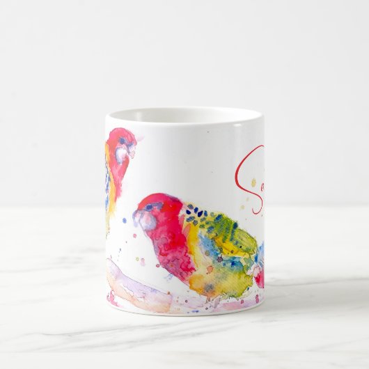 Papagei Art Aquarellmalerei Rot Blau Farbenfroh Kaffeetasse (Mittel)