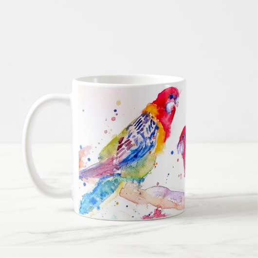 Papagei Art Aquarellmalerei Rot Blau Farbenfroh Kaffeetasse (Links)