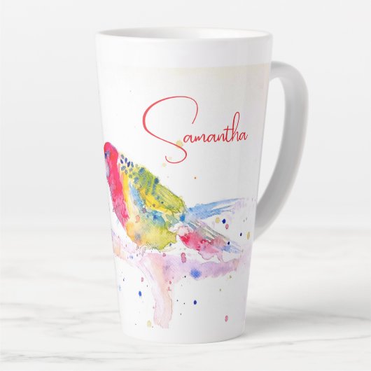 Papagei Art Aquarellmalerei Rot Blau Farbenfroh Milchtasse (Rechte Ecke)