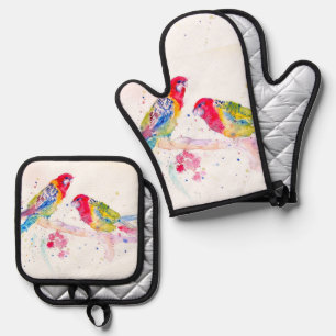 Papagei Art Aquarellmalerei Rot Blau Farbenfroh Ofenhandschuh & Topflappen-Set