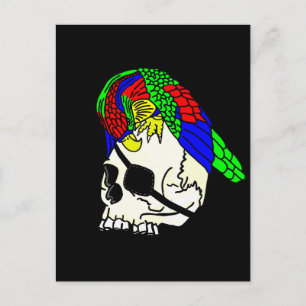 Papagei auf Piratenschädel mit schwarzem Hintergru Postkarte
