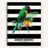Papagei auf schwarzen und weißen Streifen Notizbuch (Vorderseite)