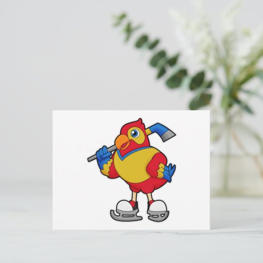 Papagei beim Eishockey mit Eishockeystick Postkarte (Stehend Vorderseite)