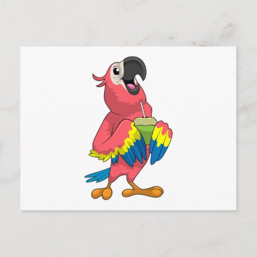 Papagei & Kokosnuss mit Trinkstroh Postkarte (Vorderseite)