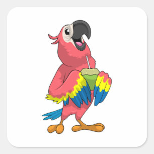 Papagei & Kokosnuss mit Trinkstroh Quadratischer Aufkleber
