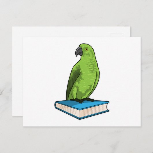 Papagei mit Buch Postkarte (Vorne/Hinten)