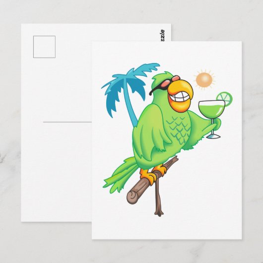Papagei mit Cocktail Postkarte (Vorne/Hinten)