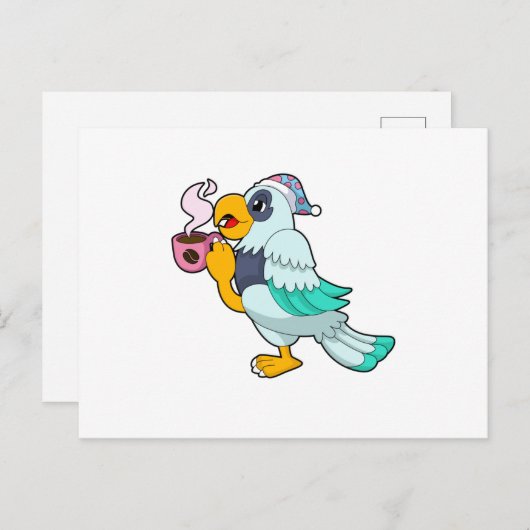 Papagei mit Kaffee-Tasse Postkarte (Vorne/Hinten)