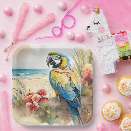 Papagei mit tropischen Blume Pappteller (Party)