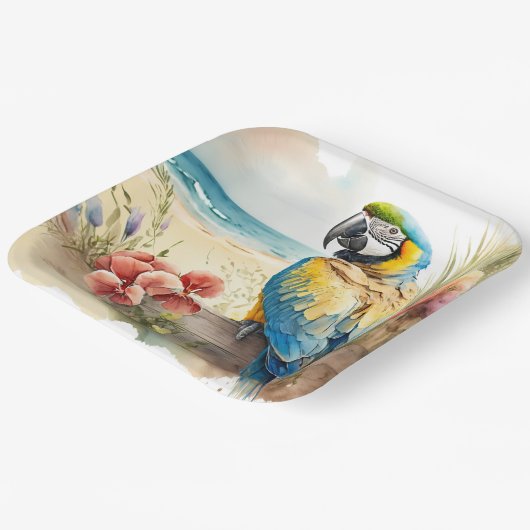 Papagei mit tropischen Blume Pappteller (Gewinkelt)