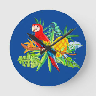 Papagei mit tropischen Pflanze Runde Wanduhr